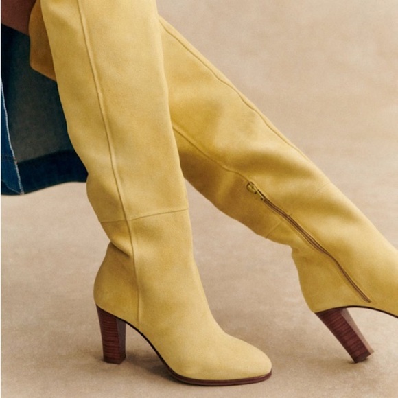 Sezane Anaelle Thigh High Suede Leather Over The Knee Pointy Boots Lemon Yellow - Picture 3 of 14
